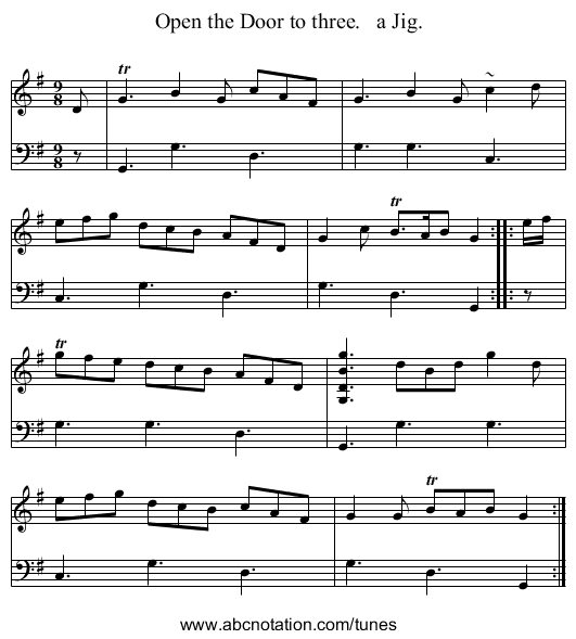 Open the Door to three.   a Jig. - staff notation