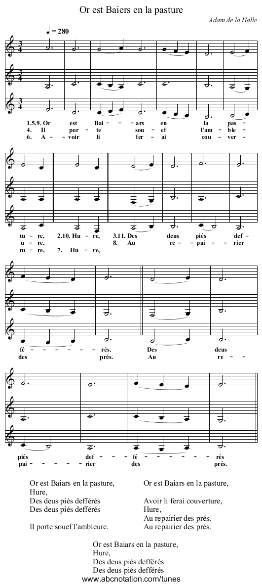 Or est Baiers en la pasture - staff notation