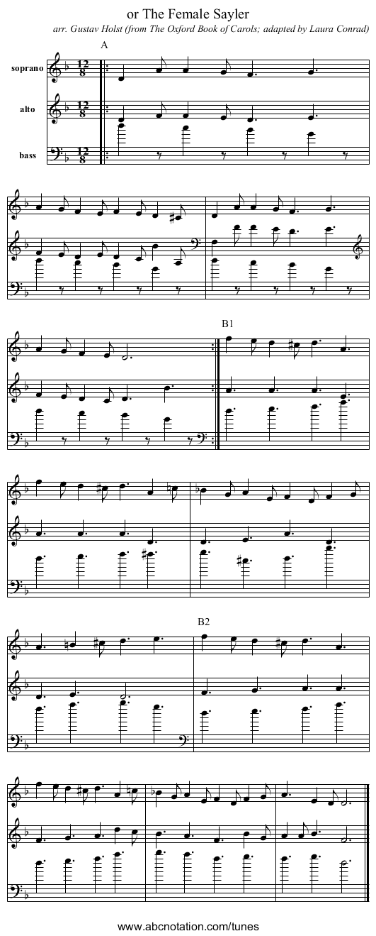 or The Female Sayler - staff notation