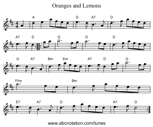 Oranges and Lemons - staff notation