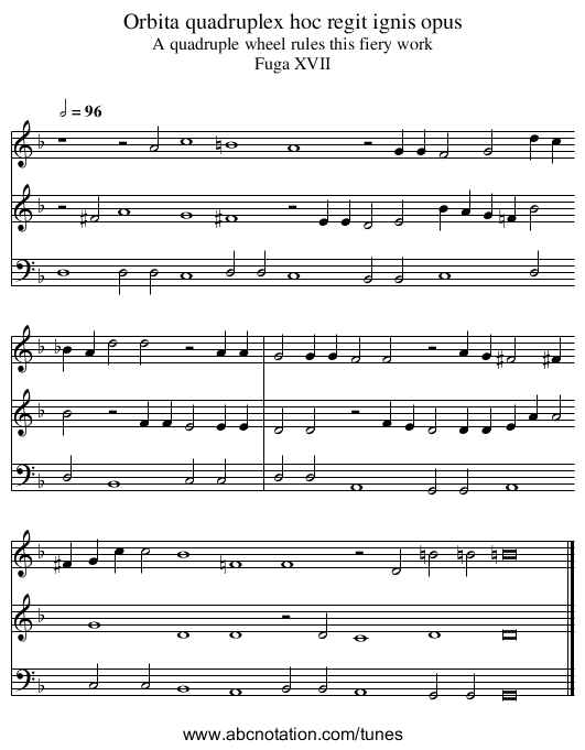 Orbita quadruplex hoc regit ignis opus - staff notation