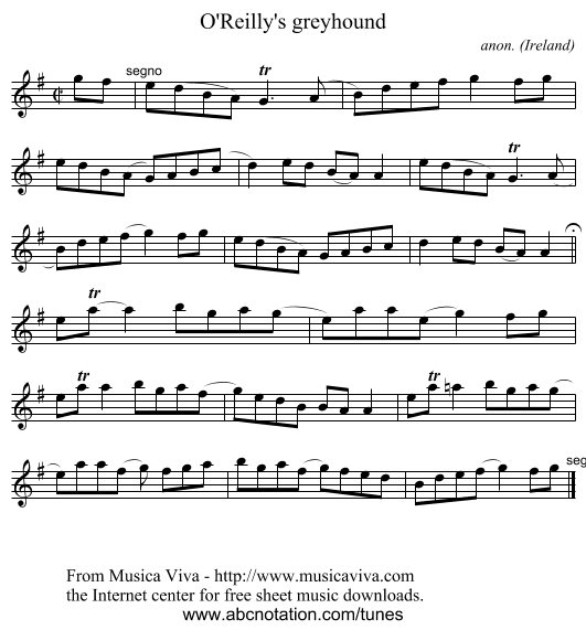 O'Reilly's greyhound - staff notation