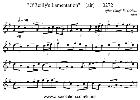 O'Reilly's Lamentation    (air)      0272 - staff notation