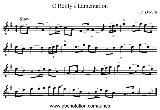 O'Reilly's Lamentation - staff notation