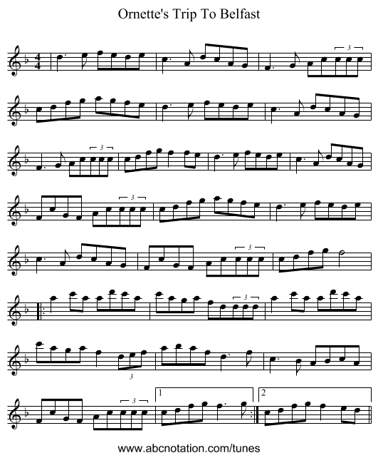 Ornette's Trip To Belfast - staff notation