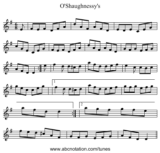 O'Shaughnessy's - staff notation