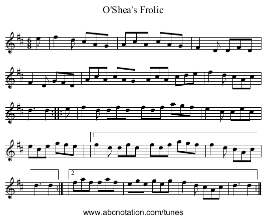 O'Shea's Frolic - staff notation