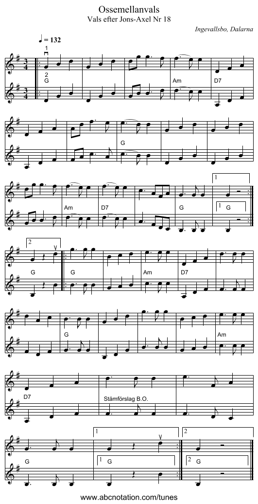 Ossemellanvals - staff notation