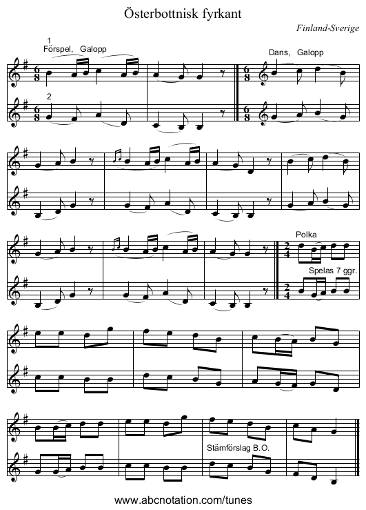 Österbottnisk fyrkant - staff notation