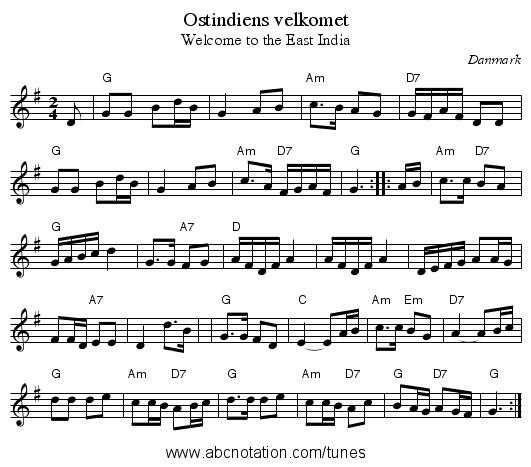 Ostindiens velkomet - staff notation