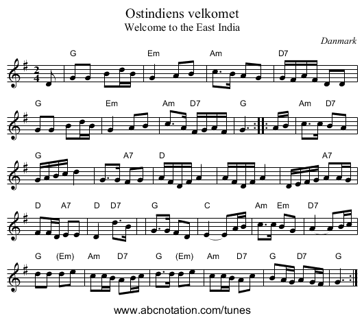 Ostindiens velkomet - staff notation