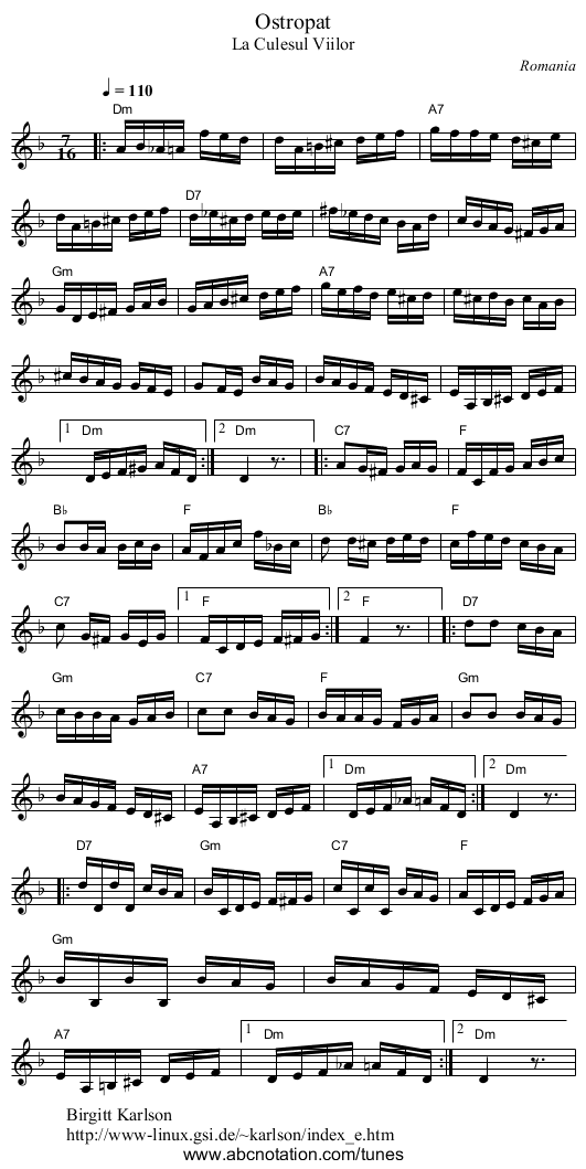 Ostropat - staff notation