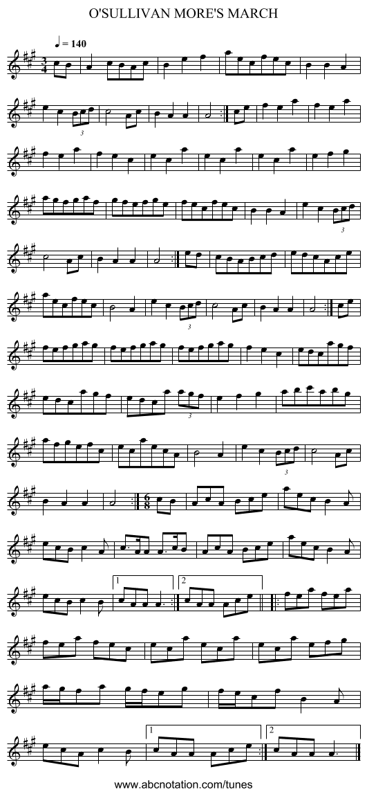 O'SULLIVAN MORE'S MARCH - staff notation
