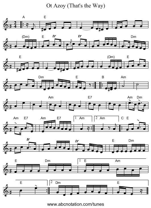 Ot Azoy (That's the Way) - staff notation