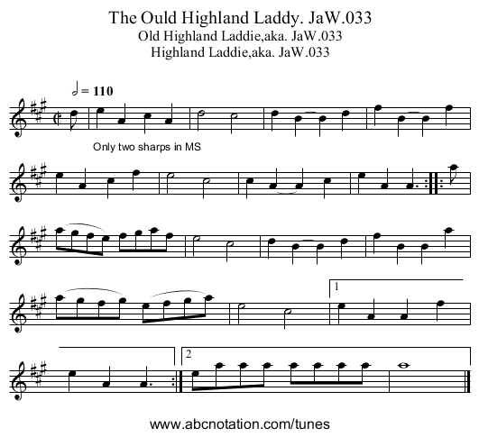 Ould Highland Laddy. JaW.033, The - staff notation