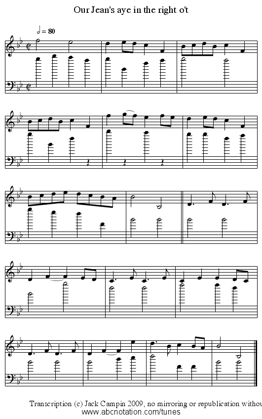 Our Jean's aye in the right o't - staff notation