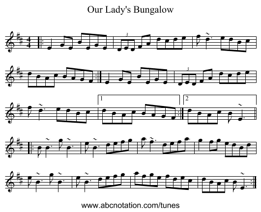 Our Lady's Bungalow - staff notation