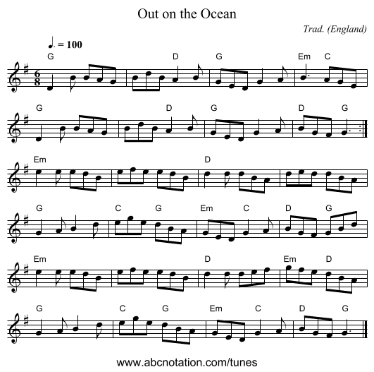 Out on the Ocean - staff notation
