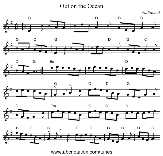 Out on the Ocean - staff notation