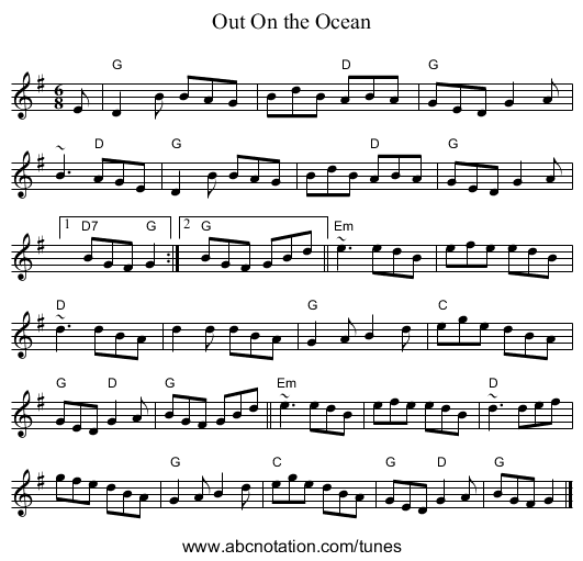 Out On the Ocean - staff notation