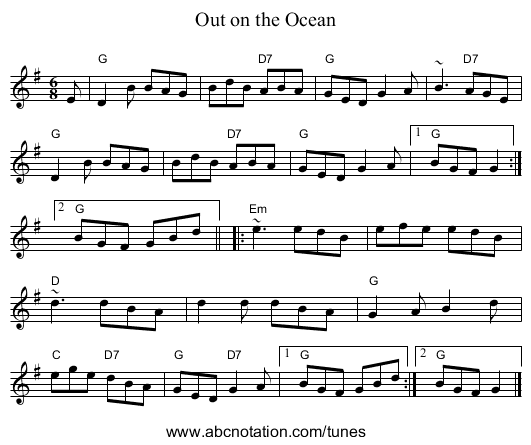 Out on the Ocean - staff notation