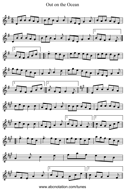 Out on the Ocean - staff notation