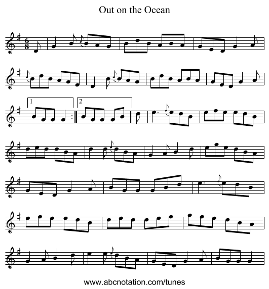 Out on the Ocean - staff notation