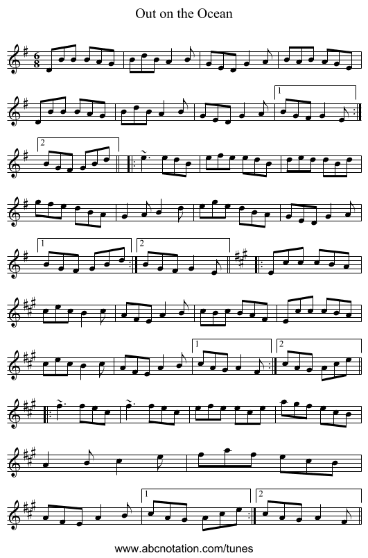 Out on the Ocean - staff notation