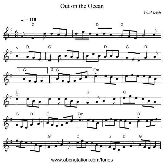Out on the Ocean - staff notation