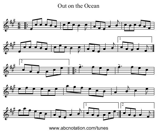 Out on the Ocean - staff notation