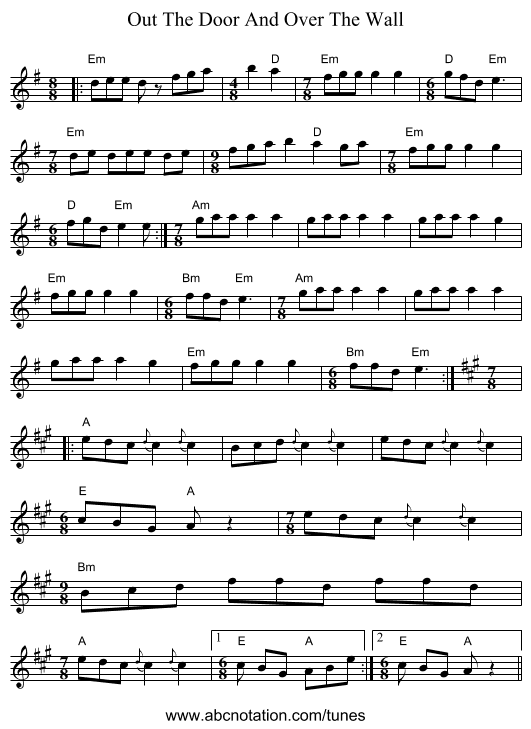 Out The Door And Over The Wall - staff notation