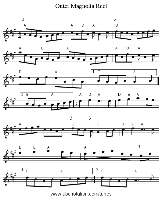 Outer Magnolia Reel - staff notation