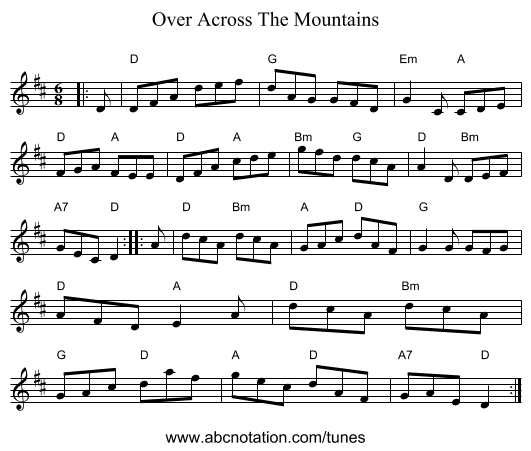 Over Across The Mountains - staff notation