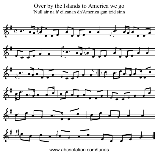 Over by the Islands to America we go - staff notation