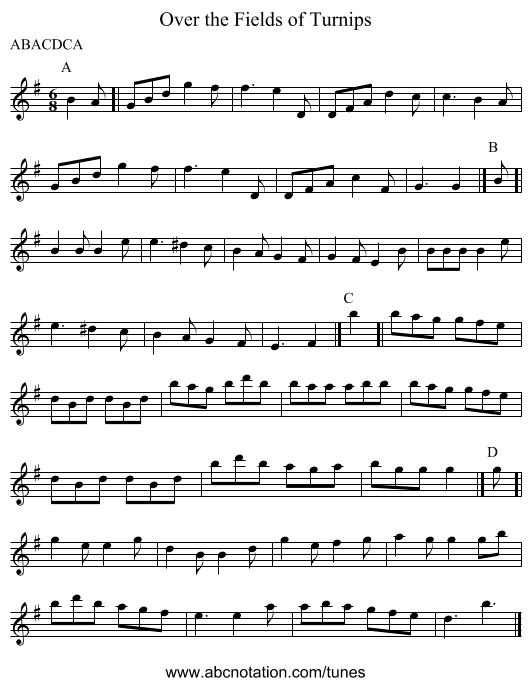 Over the Fields of Turnips - staff notation