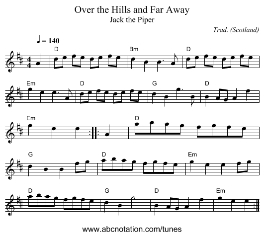 Over the Hills and Far Away - staff notation