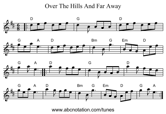 Over The Hills And Far Away - staff notation