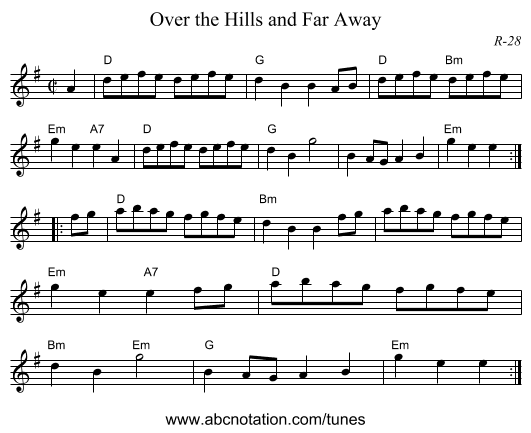 Over the Hills and Far Away - staff notation