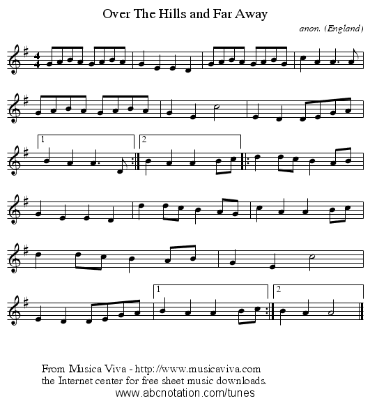 Over The Hills and Far Away - staff notation