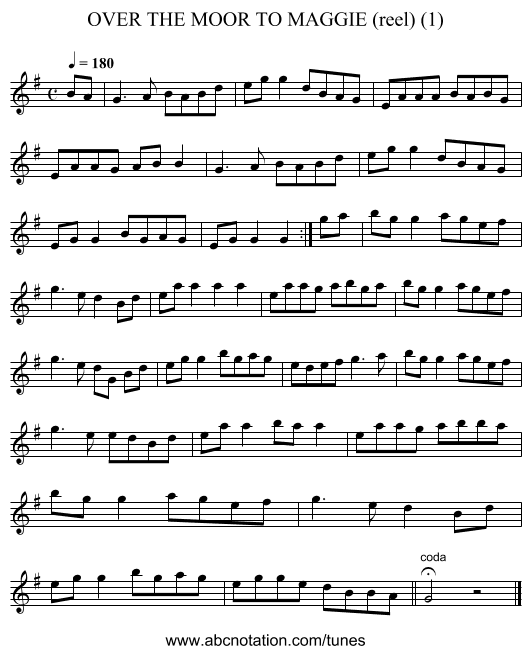 OVER THE MOOR TO MAGGIE (reel) (1) - staff notation