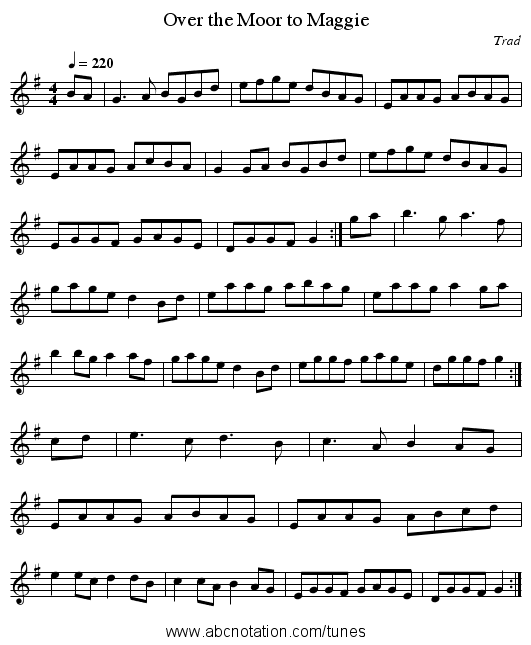 Over the Moor to Maggie - staff notation