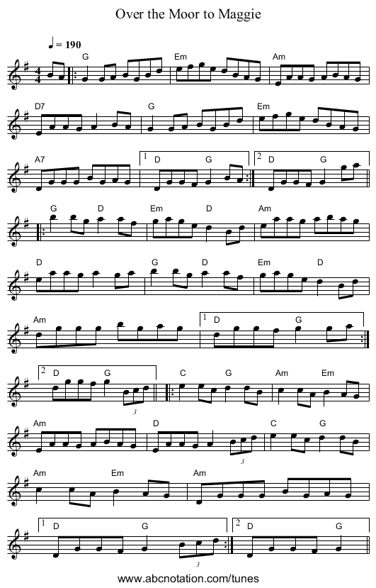 Over the Moor to Maggie - staff notation