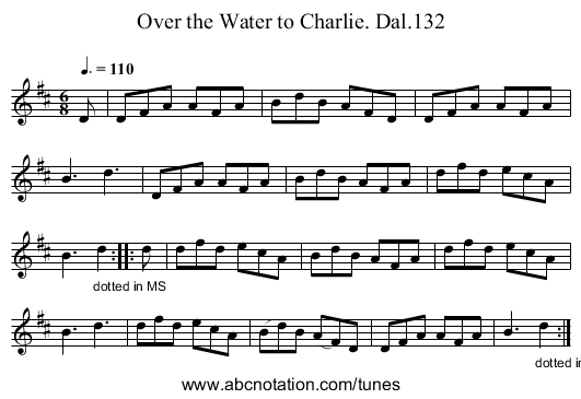 Over the Water to Charlie. Dal.132 - staff notation
