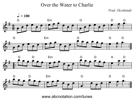 Over the Water to Charlie - staff notation