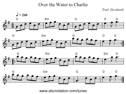 Over the Water to Charlie - staff notation
