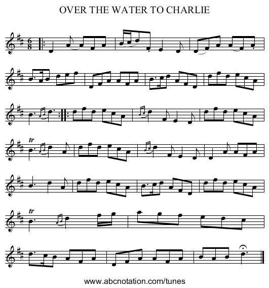 OVER THE WATER TO CHARLIE - staff notation