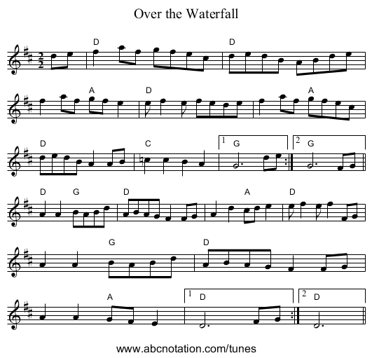 Over the Waterfall - staff notation