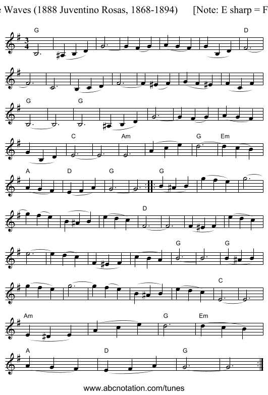 Over the Waves (1888 Juventino Rosas, 1868-1894)      [Note: E sharp = F natural] - staff notation