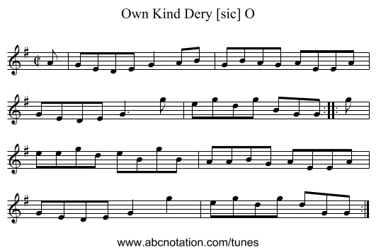 Own Kind Dery [sic] O - staff notation