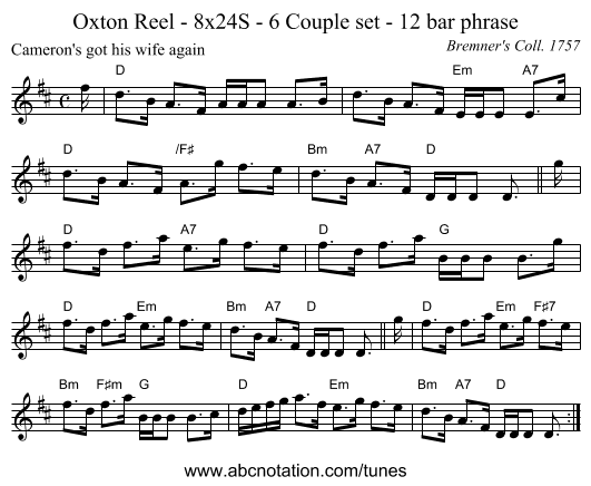 Oxton Reel - 8x24S - 6 Couple set - 12 bar phrase - staff notation